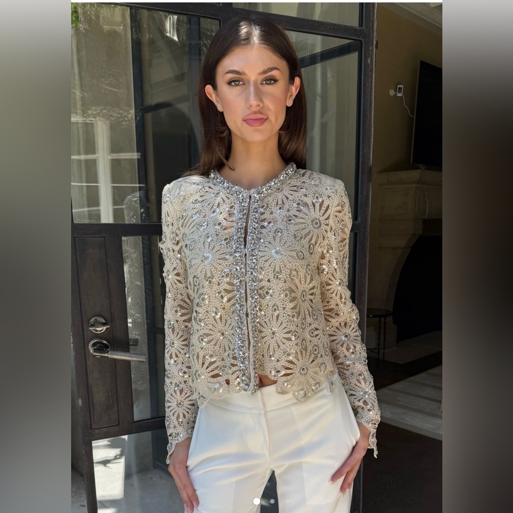 Benaar Ivana Rhinestone and Sequin Crochet Lace Cardigan Top Champagne size XL